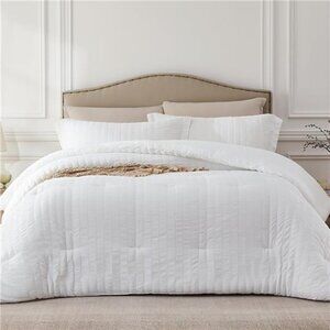 White Queen Comforter Set - 3 Pieces Seersucker Lightweight Bedding Comforter